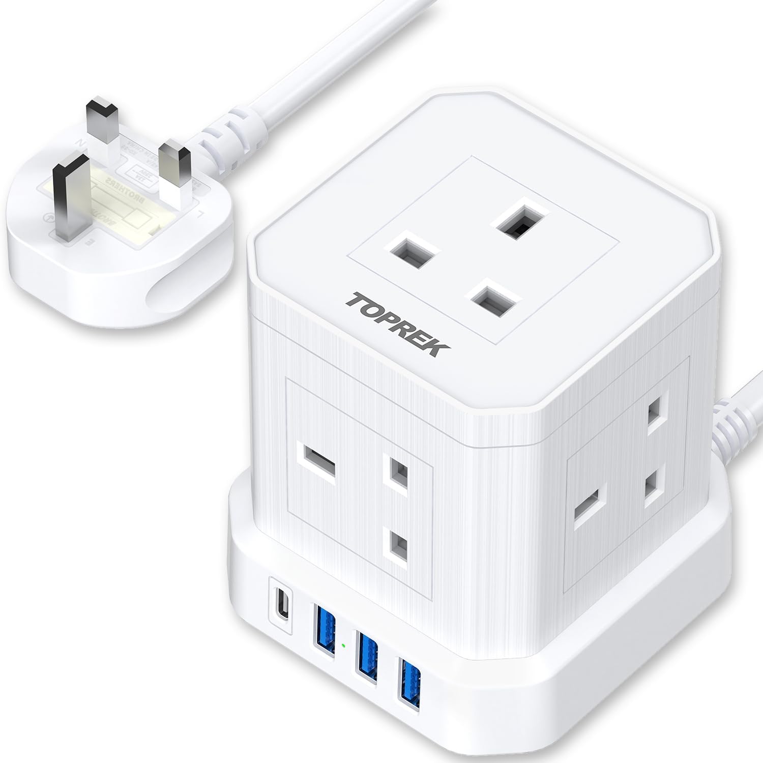TOPREK Cube Extension Lead with USB Slots, 5 Way Power Strip with 5 AC Outlet 4 USB (20W PD3.0 Fast Charger) 1 Switch, 2M Extension Cord, 3250W/13A, UK Power Strip for Desk Home Office Travel