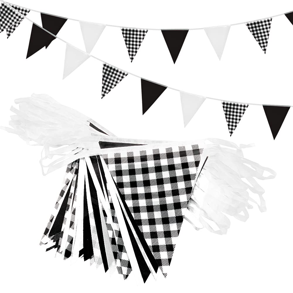 20m 52pcs Black White Plaid Pennant Bunting,16×22cm Polyester Fabric Reusable Triangle Flags Banner for Indoor Outdoor Birthday Kid Party Decorations — image 1