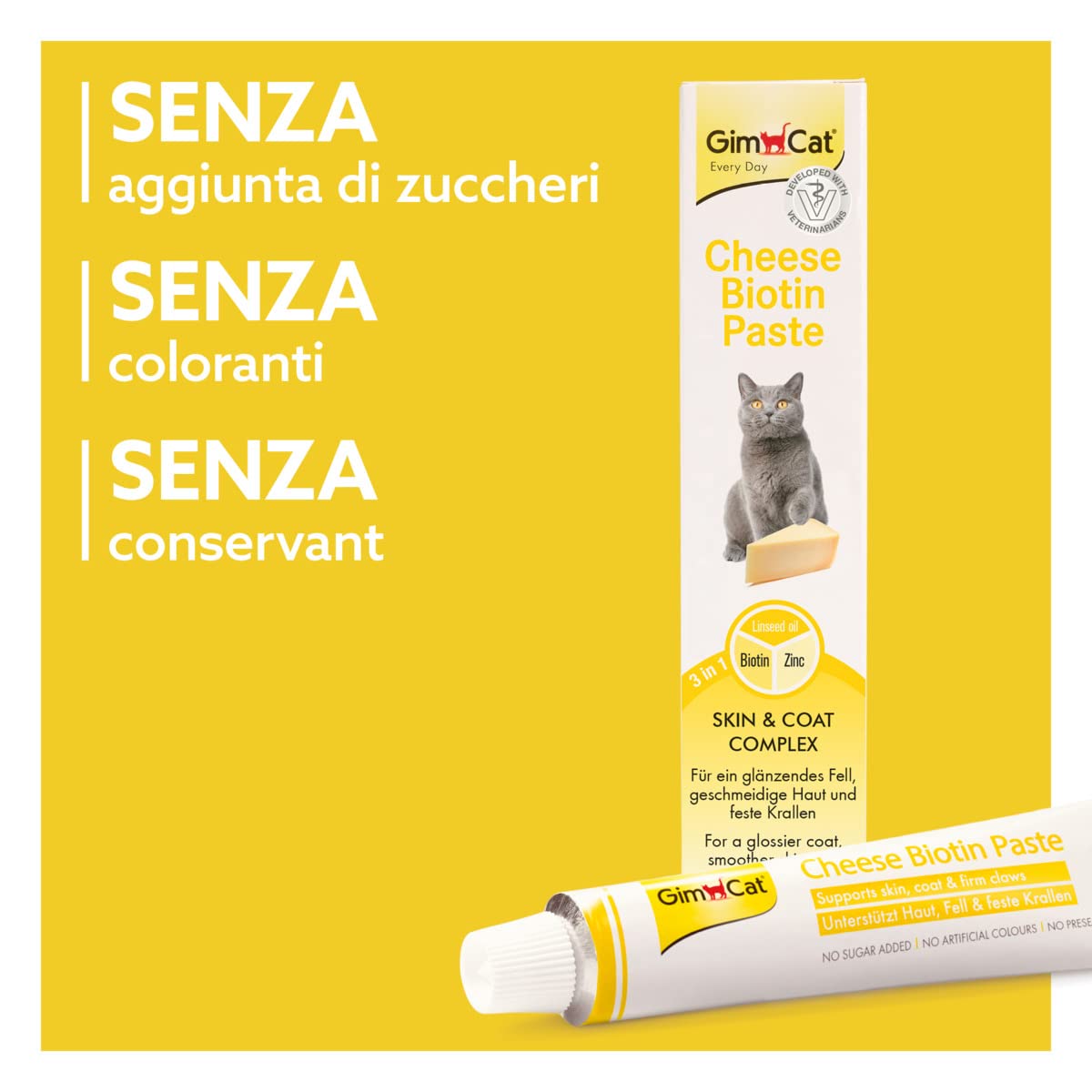 GimCat Cheese Biotin Pasta - Con formaggio aromatico, zinco e olio di lino per il pelo, la cute e gli artigli - 1 tubetto (1 x 200 g)