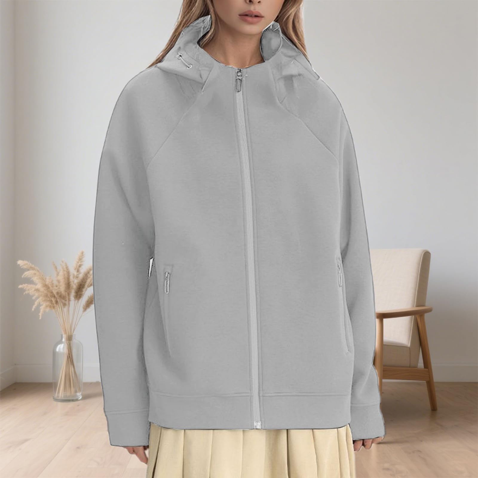 Damen-Arbeitsjacke mit langen Ärmeln Damen-Lederjacke in Übergröße mit Reißverschluss Kapuze aus weichem Fleece Oversize-Pullover für Herbst und Winter lässige Oberbekleidung im Streetwear-Stil
