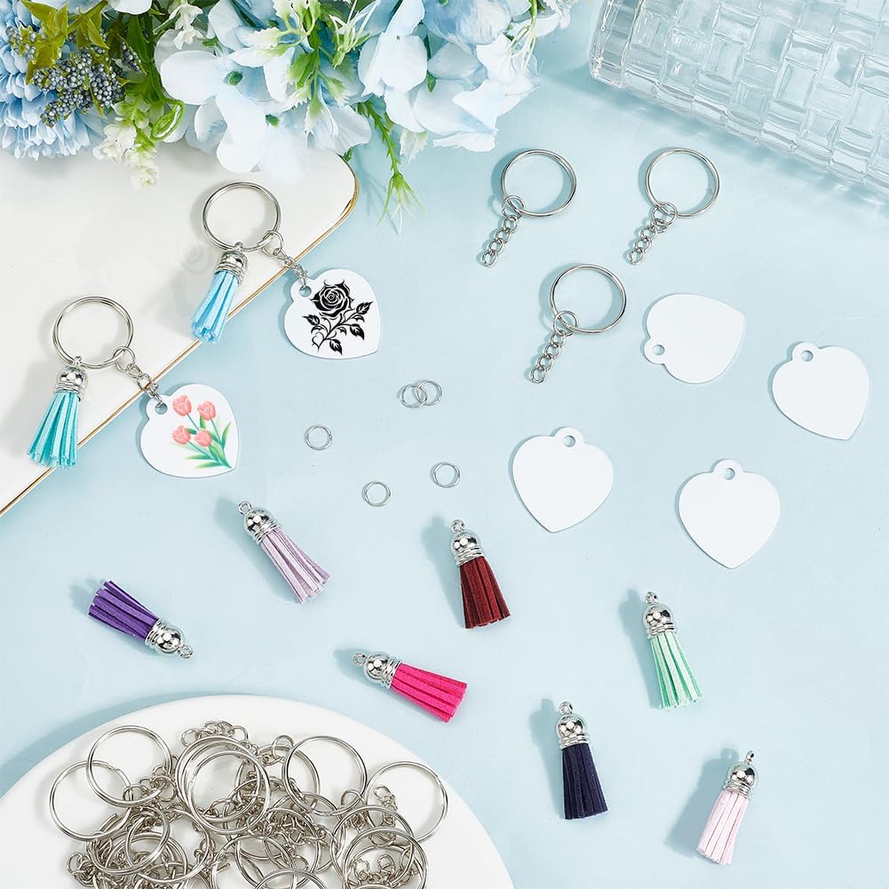 1 Box 220Pcs 40 Sets Sublimation Keychain Blanks Heart Sublimation Key Chains Bulk Heart Shaped Double Side Colorful Tassels for Keychain Making DIY Crafts Backpack Decorations Gift Beginner
