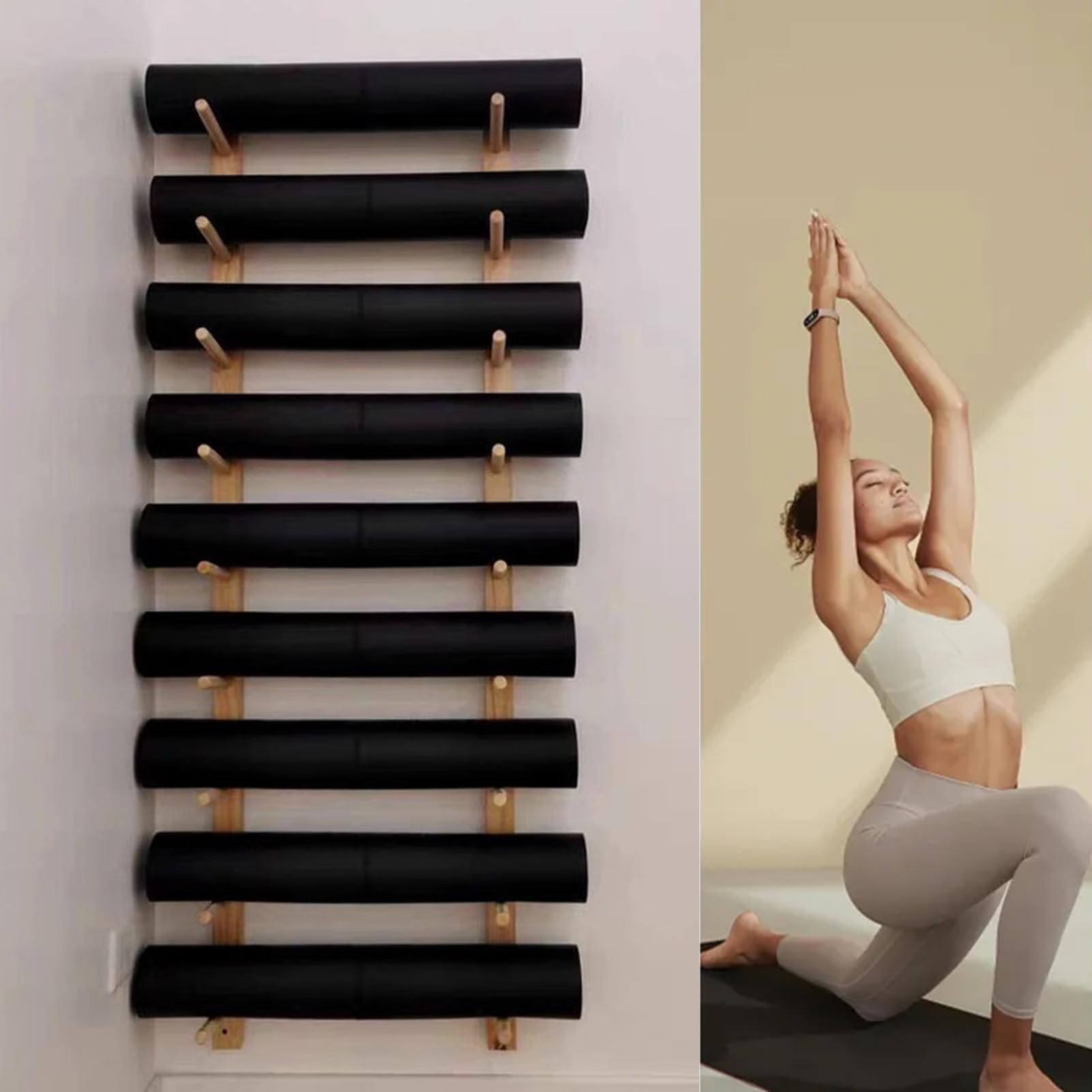 Uchwyt ścienny na maty do jogi - oszczędzający miejsce organizer na siłownię i akcesoria fitness, maksymalizuje przestrzeń dla mat do jogi (9 warstw, 156 cm)