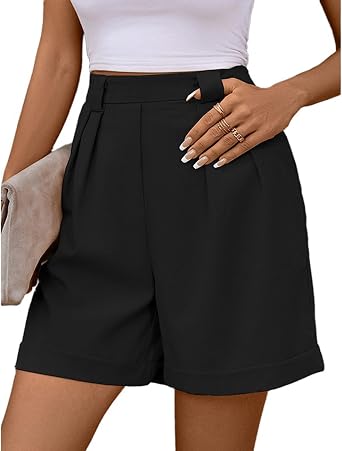 Viatabuna Women Dressy Shorts High Waisted Business Casual Bermuda Shorts Wide Leg Roll Up Pleated Shorts with Pockets