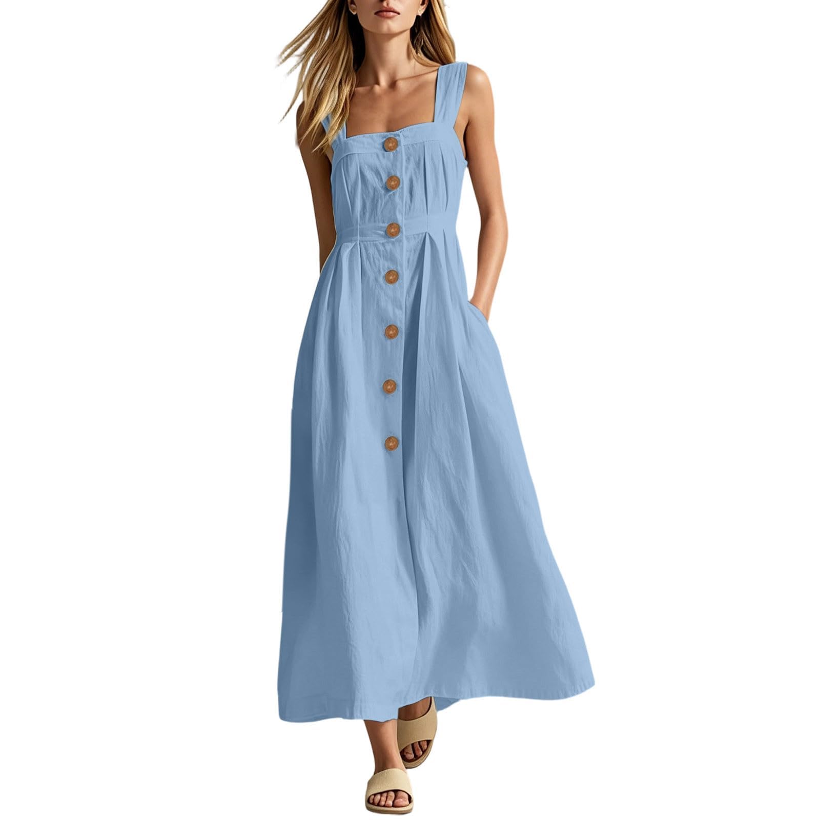 Vestidos de lino para mujer, vestido largo de verano con botones frontales, acampanado, cuello cuadrado, vestido casual de verano con bolsillos