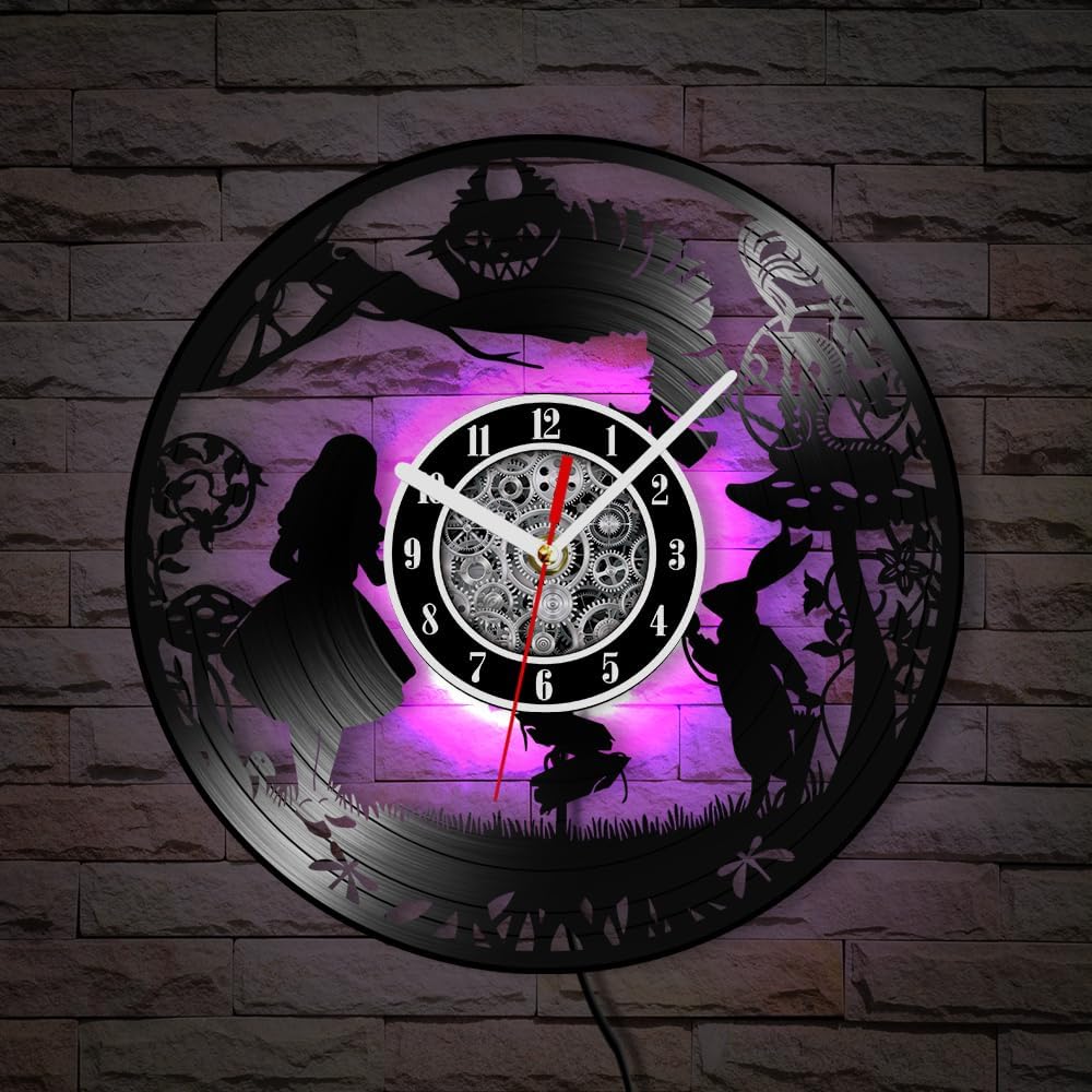The Geeky Days Wonderland Cat Vinyl Record Wall Clock Dynamic Color - Changing LED Lights Fantasy Forest Laser Cut Longplay Wall Clock Themed Restaurant a Festival Gift for Relatives and Friends