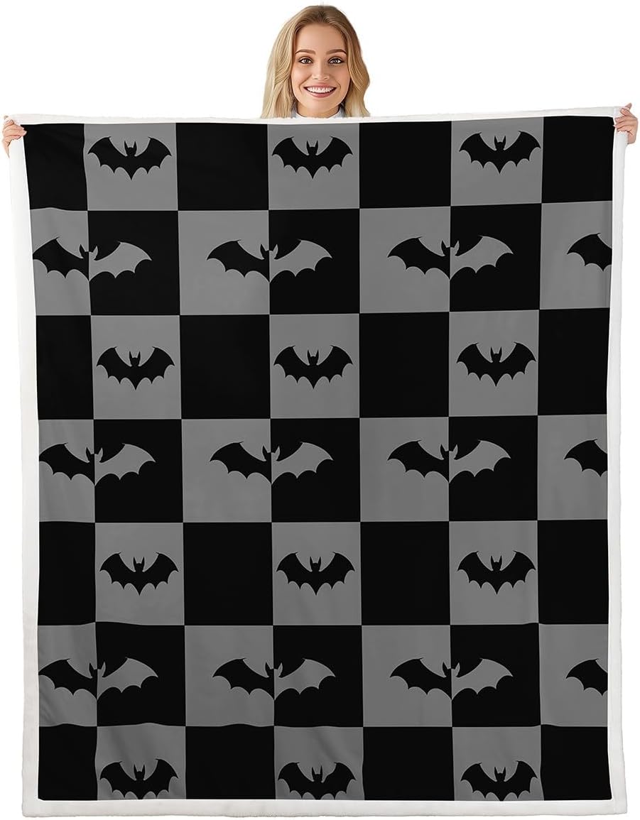 Halloween Bats Blanket Queen 90x90 Cartoon Animal Silhouette Blanket for Boys Girls Black Grey Checkered Sherpa Blanket Bat Wildlife Bed Blanket Sofa Bed Couch Decor