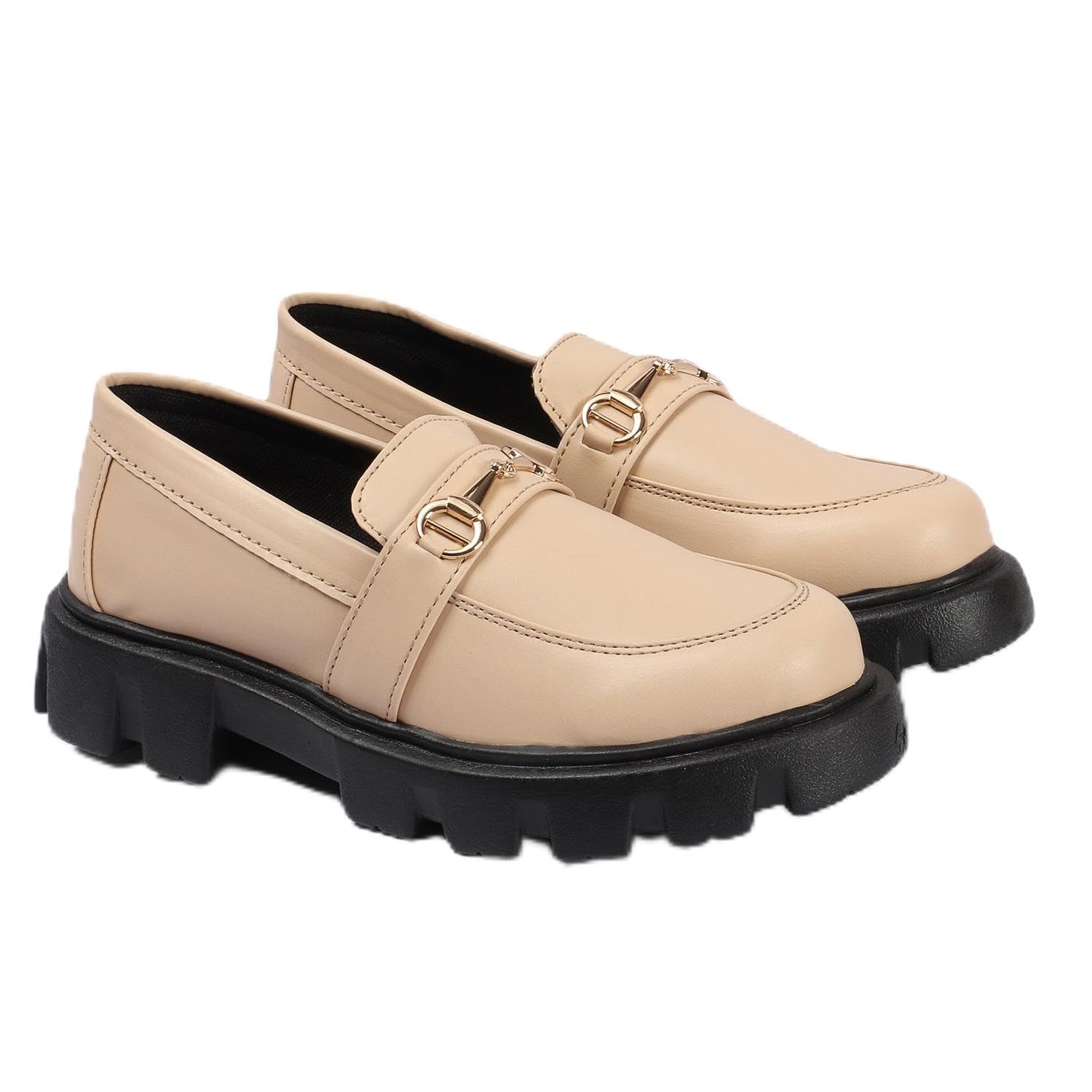 Women's Chunky Loafers with Gold Horsebit Detail, Lug Sole, Slip-On Style-image-4