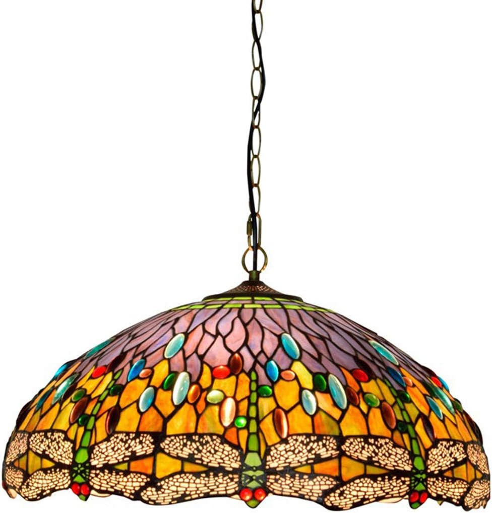 GDLight Tiffany Style Dragonfly Pendant Lights, 20-Inch Pastoral Handmade Stained Glass Pendant Lamp Vintage Adjustable 3-Lights Hanging Lights for Living Room Villa,A