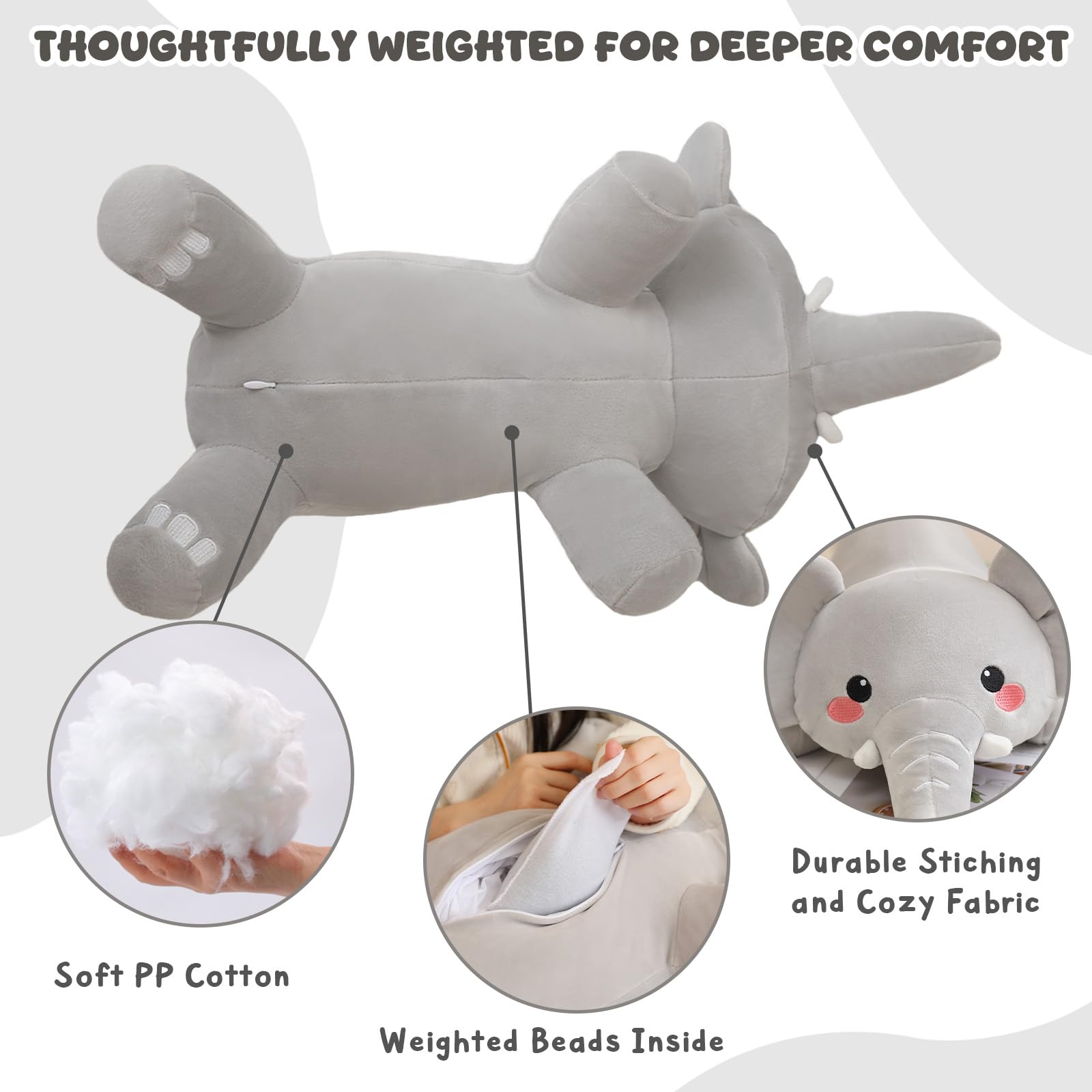 Xfrog Weighted Elephant Plush, Weighted Plush Squishy Stuffed Animals for Baby Elephant Pillow Stuffed Toy for Girls Boys Grey 35CM - Image 4