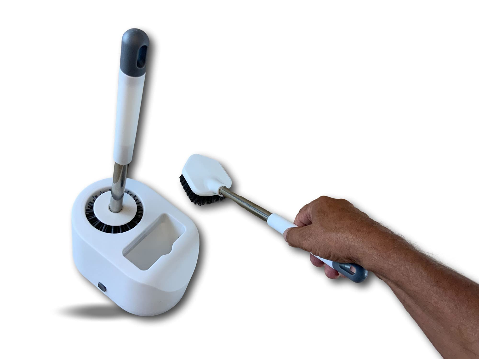 Doppia scopa WC con serbatoio | supporto con centrifuga integrata | pulizia a 360° | Setole morbide in silicone | 1 testa piatta 1 testa rotonda | non graffia | Igienica e antibatterica | Kibros WCX2c