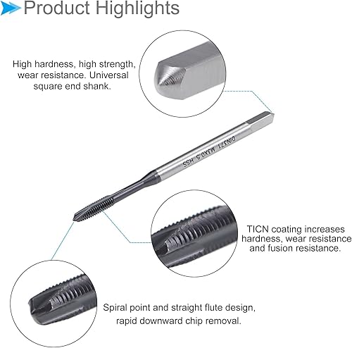 Miniatura 5 de CoCud Tapones de punta en espiral, rosca métrica M3 x 0.5, acero de alta velocidad recubierto TICN DIN371376 - Aplicaciones para taladrar