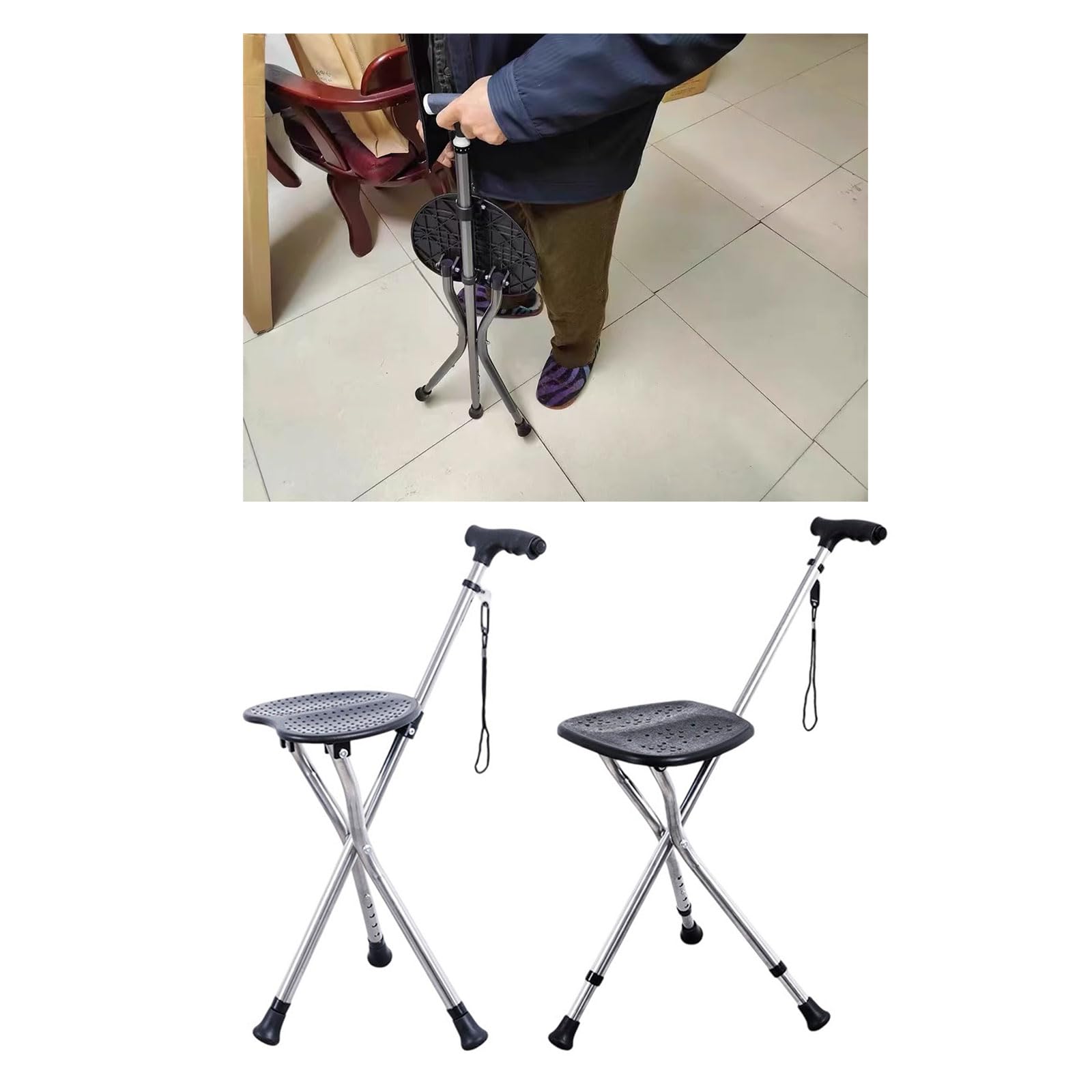 Caña de Trekking Regulable con Asientos Plegables y Linterna Bastones de Senderismo livianos para Soporte de Pesca Aire Libre Caña compacta Taburete liviano