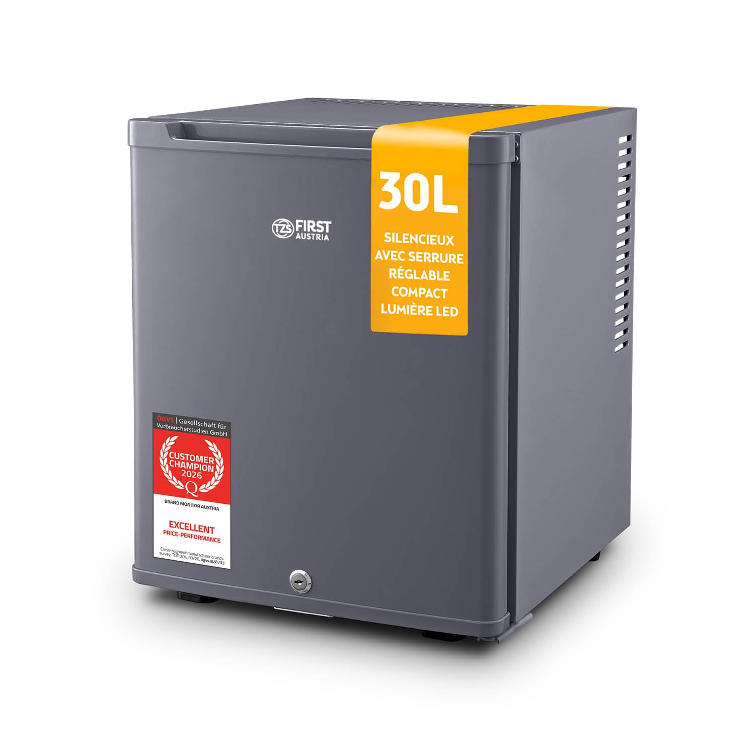 TZS First Austria - Mini réfrigérateur 30L complètement silencieux - Petit mini-frigo avec porte réversible et lumière intérieure - Minibar pour camping, bureau, chambre & hôtel - Anthracite
