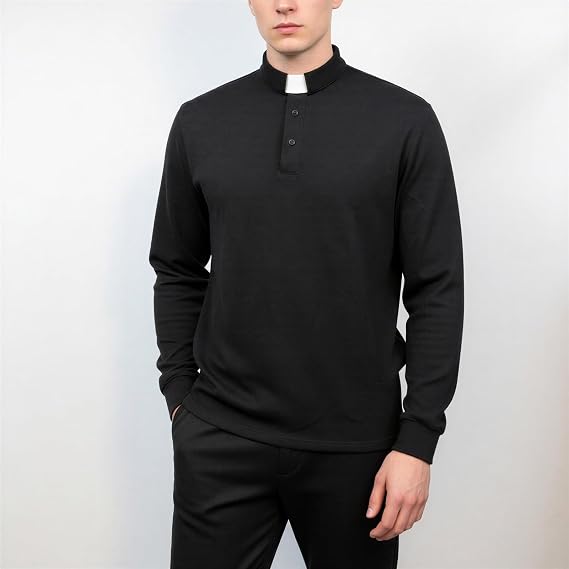 Men's Long Sleeve Clergy Polo Shirt - Tab Collar Cotton Blend Pastor Minister Top with Removable White Tabs, Regular Fit