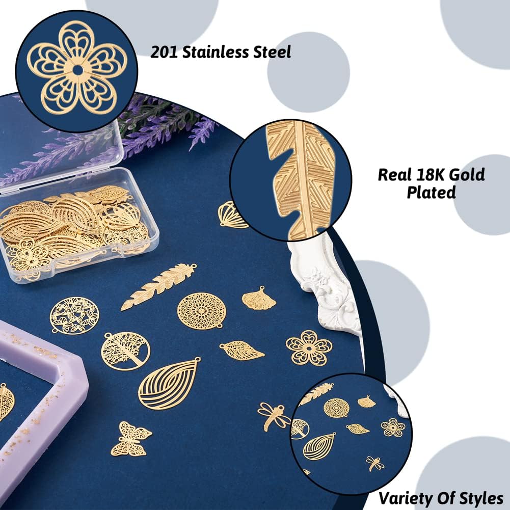 Cheriswelry 48Pcs Rack Plating 201 Stainless Steel Filigree Pendants Real 18K Gold Plated Leaf Flower Dragonfly Charms Etched Metal Embellishments 13.5-41.5mm for DIY Necklace Earring - Image 4