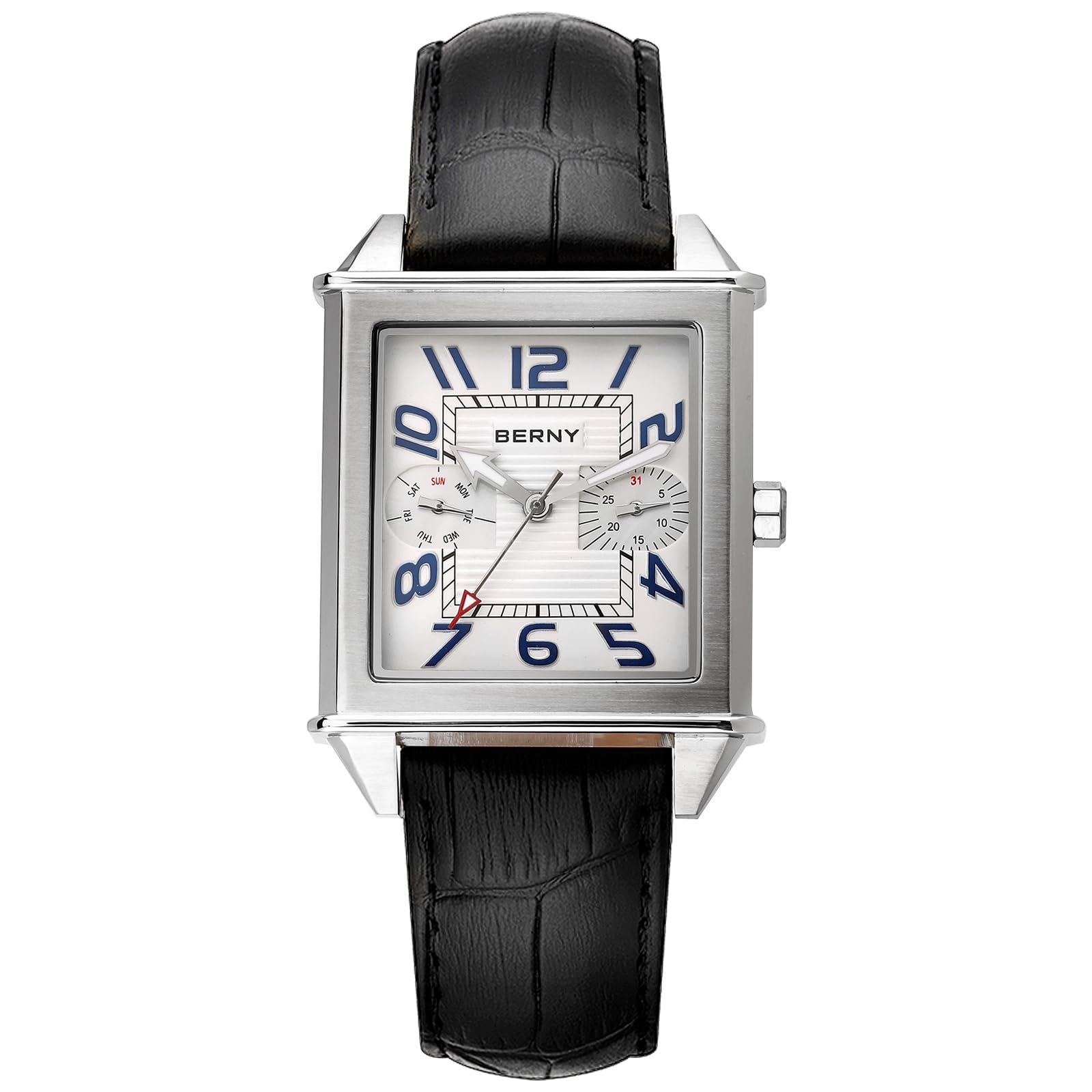 BERNY Montres carrées pour Hommes Mouvement Suisse Montre à Quartz Calendrier rectangulaire Montre à Bracelet en Cuir