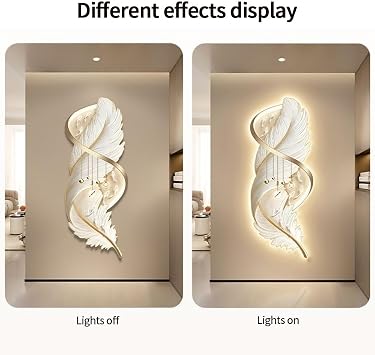 Feather Wall Hanging Mural with LED Ligth, Plug-in Power Supply 3D Wall Art Sculptures, Modern Wall Art Decor, Wall Decor Living Room Entrance Corridor(A,18.5x47.2in/47x120cm)