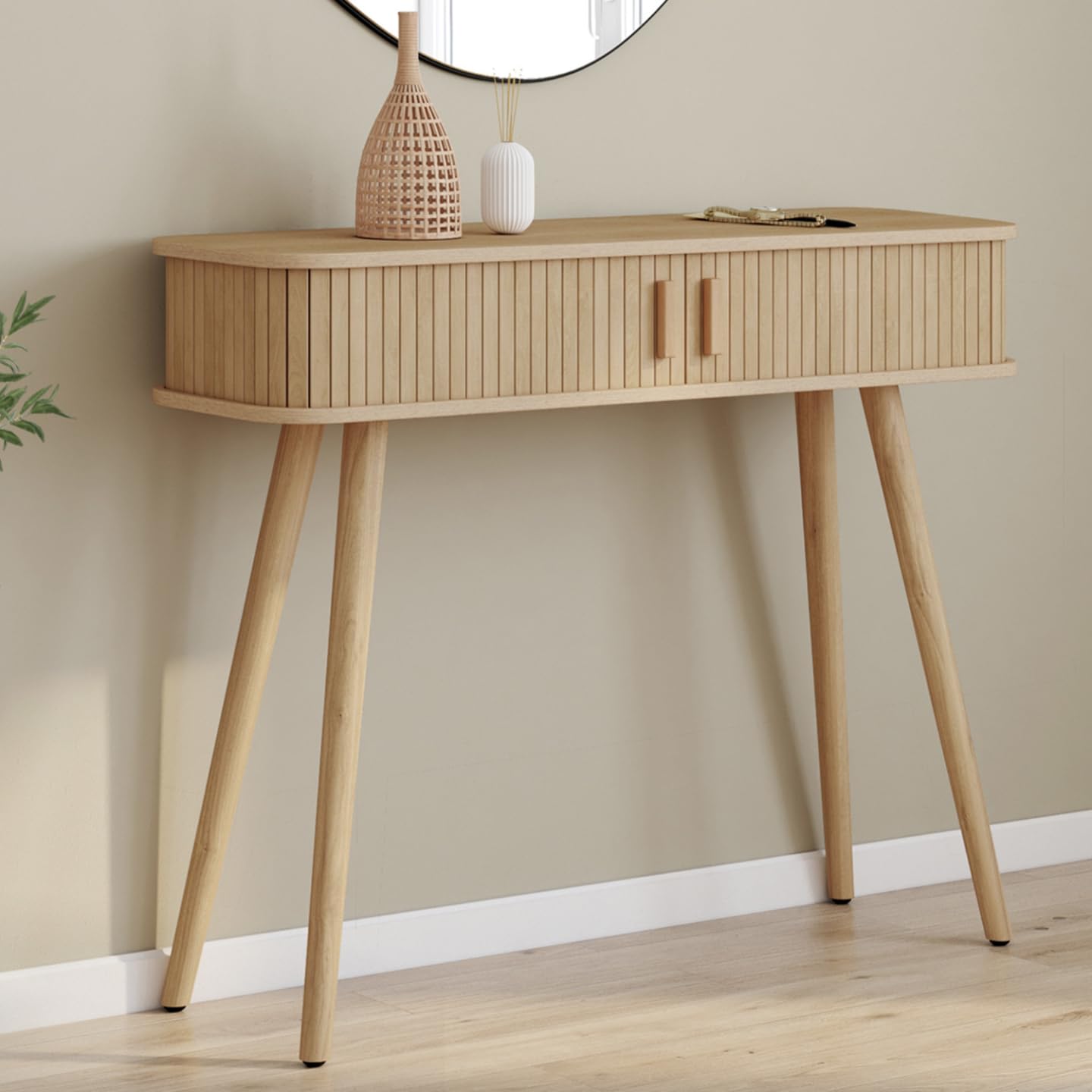 IDMarket - Console 2 Portes coulissantes Romie Lattes tasseau Bois Coloris chêne