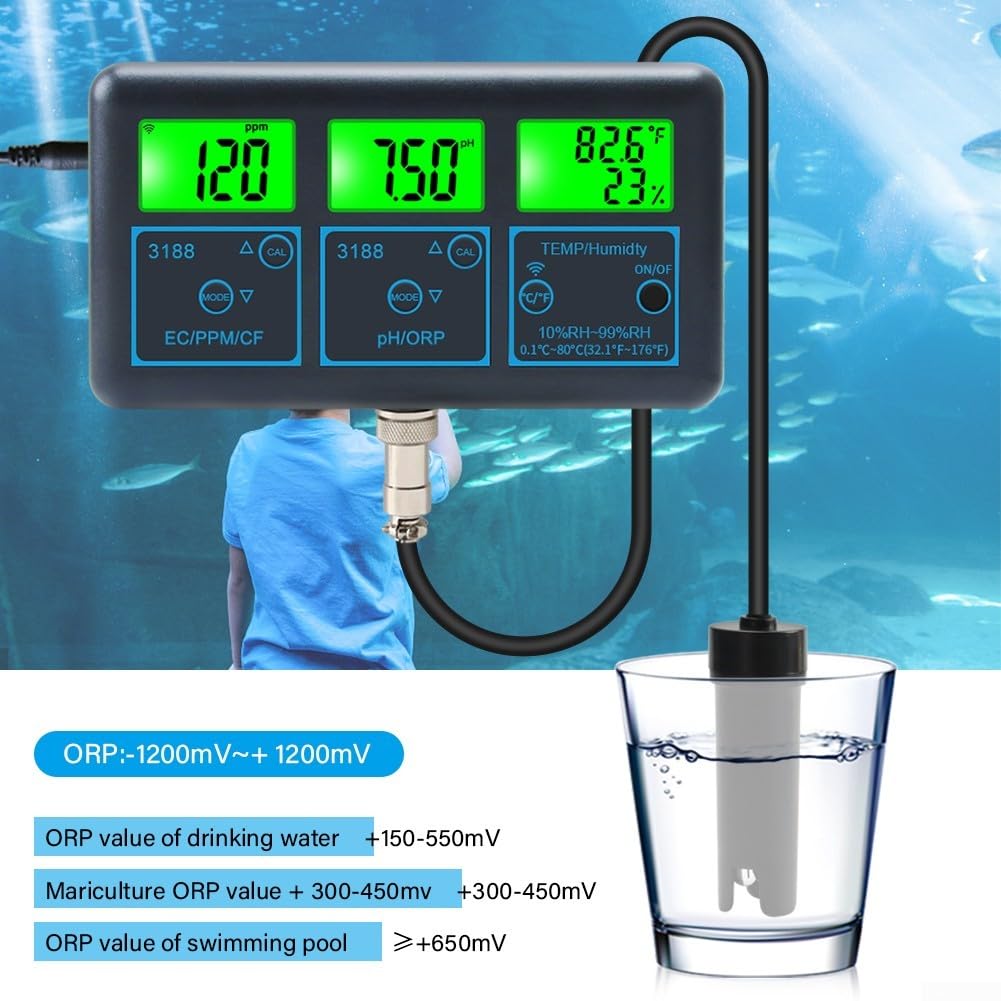 Analizzatore di qualità dell'acqua 7 in 1 per Tuya WiFi, rilevatore piscina con temperatura di sale PH ORP, monitoraggio remoto e alta precisione per piscina acquacoltura (EU)
