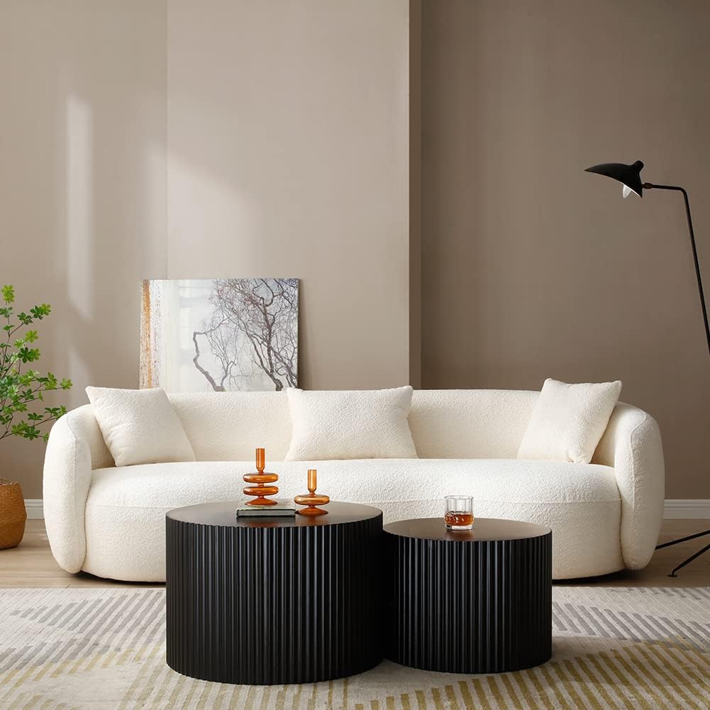 Black Round Coffee Table Set of 2 for Living Room Circle Nesting Coffee Table Set Modern Fluted Drum Coffee Table Side Tables for Apartment Office