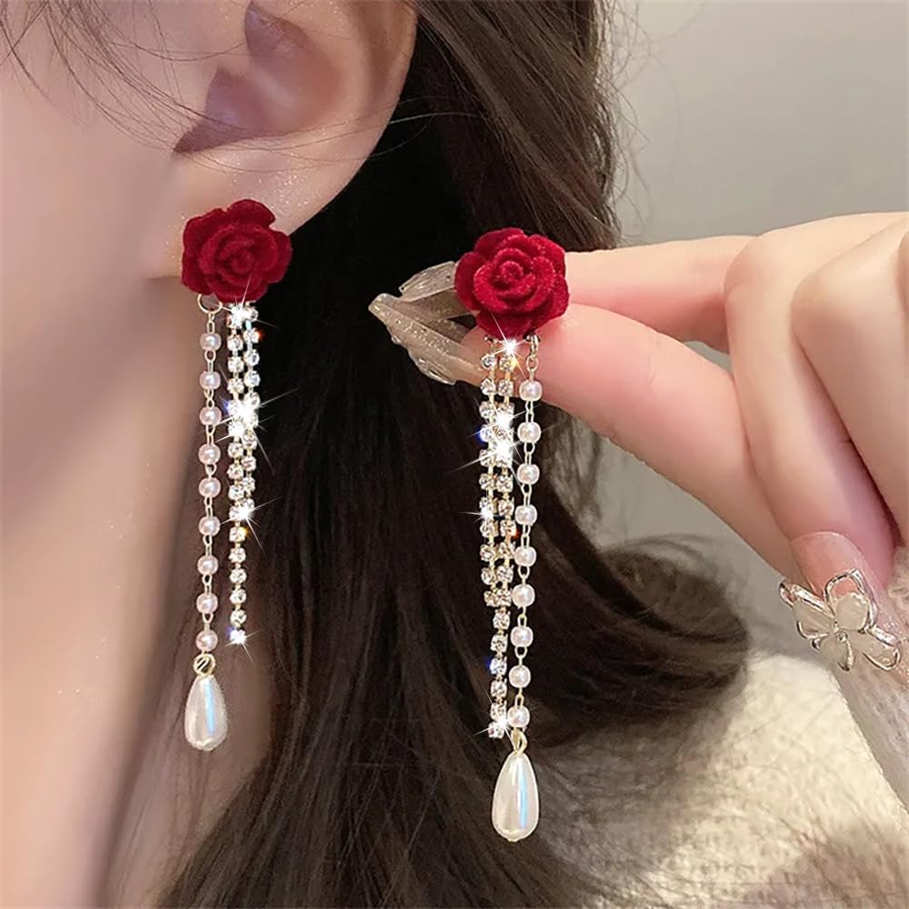 Long Chain Flower Drop Dangle Earrings for Women Sparkly Crystal Red Rose Chain Earring Elegant Pearl Floral Tassel Charms Earring Jewelry Gifts - Image 4