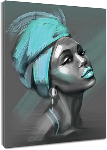 LB Lienzo decorativo para pared de mujeres afroamericanas, arte de lienzo de belleza de mujer negra y verde azulado, pintura minimalista abstracta