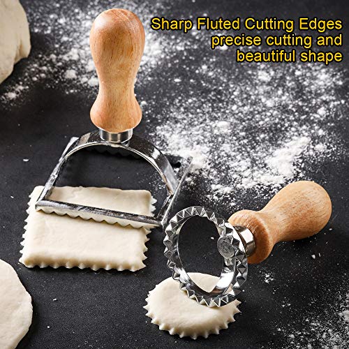 Ravioli Cutter Stamp Set Maker - Stainless Steel Ravioli Roller Wheel & 3PSC Pasta Mold for Dumplings, Lasagna, Pierogi, Round & Square