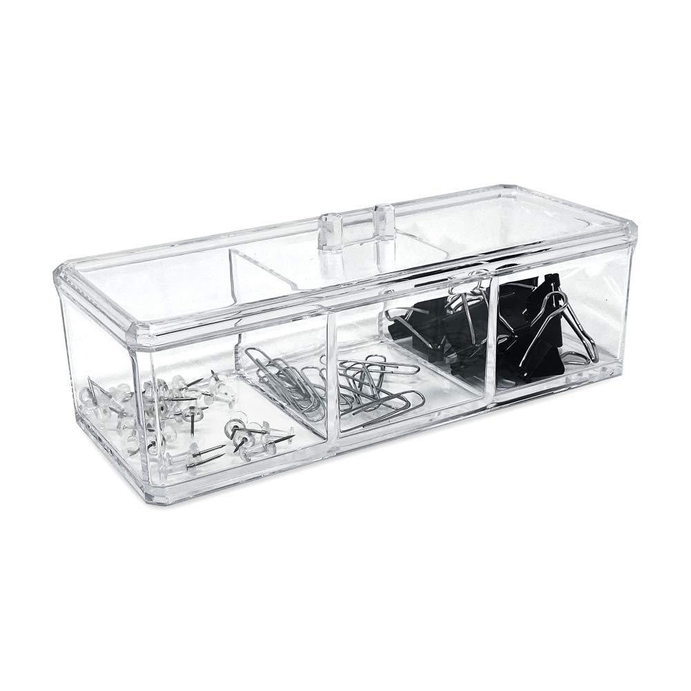 Organizador apilable rectangular de acrílico transparente de 3 compartimentos con tapa, bandeja de cajón multiseccional, solución de almacenamiento para maquillaje, suministros de 6