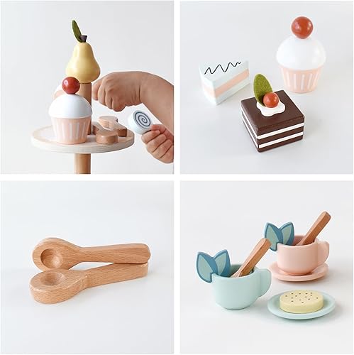 Miniatura 3 de PairPear Juego de Fiesta de Té con Soporte para Postres - Juguetes de Madera de Comida de Juego de Simulación y Accesorios de Cocina para Juego de