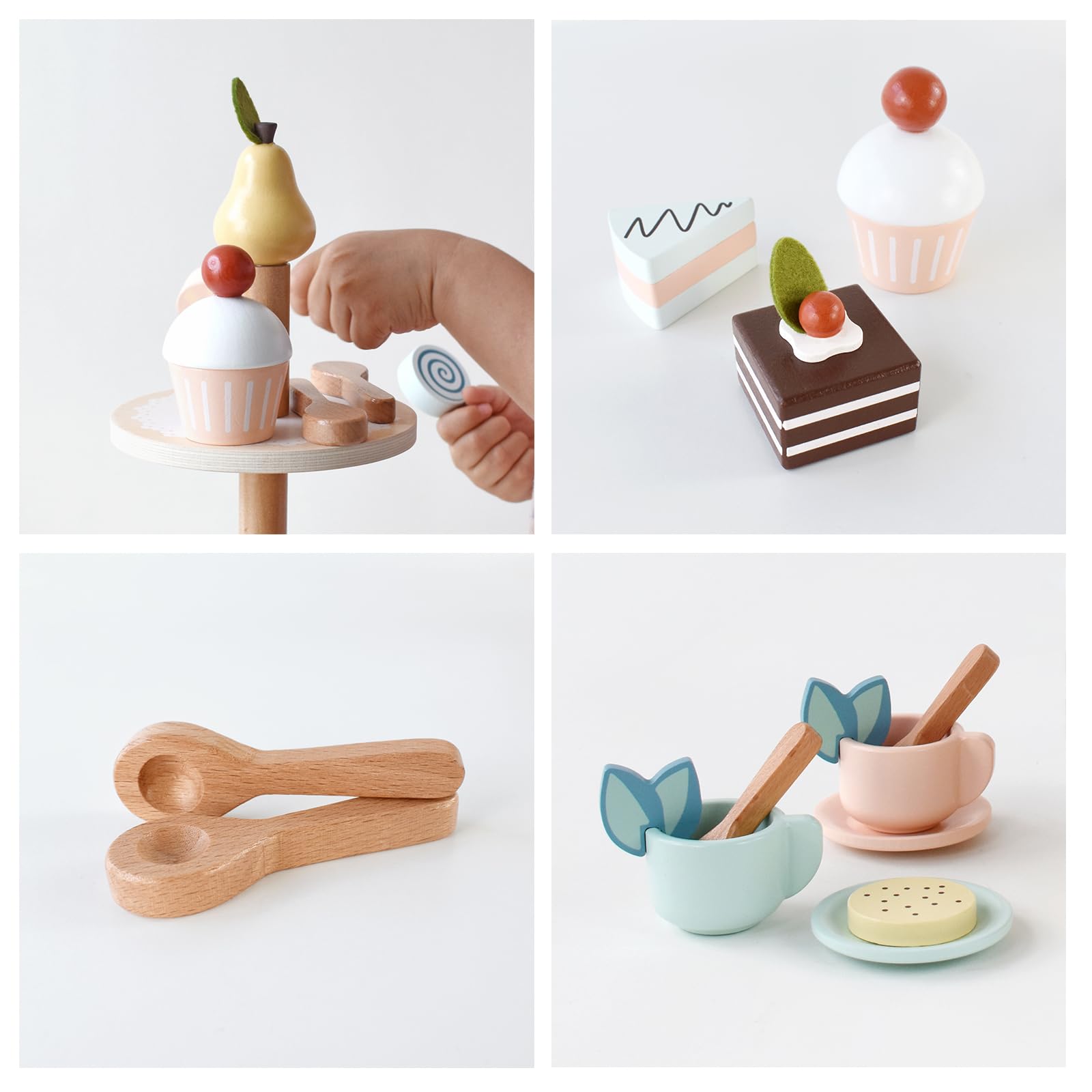 Juego de fiesta de té, juego de soporte de postre, juguetes de madera, juego de comida, accesorios de cocina para niños pequeños, regalo de cumpleaños 3