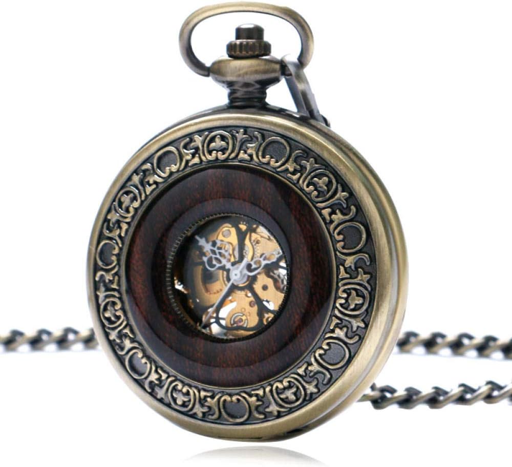 OIFMKC Pocket Watch Wood Circles Bronze Retro Steampunk Mechanical Pocket Watch Hand Wind Man Women Nurse Gift with Necklace Chain