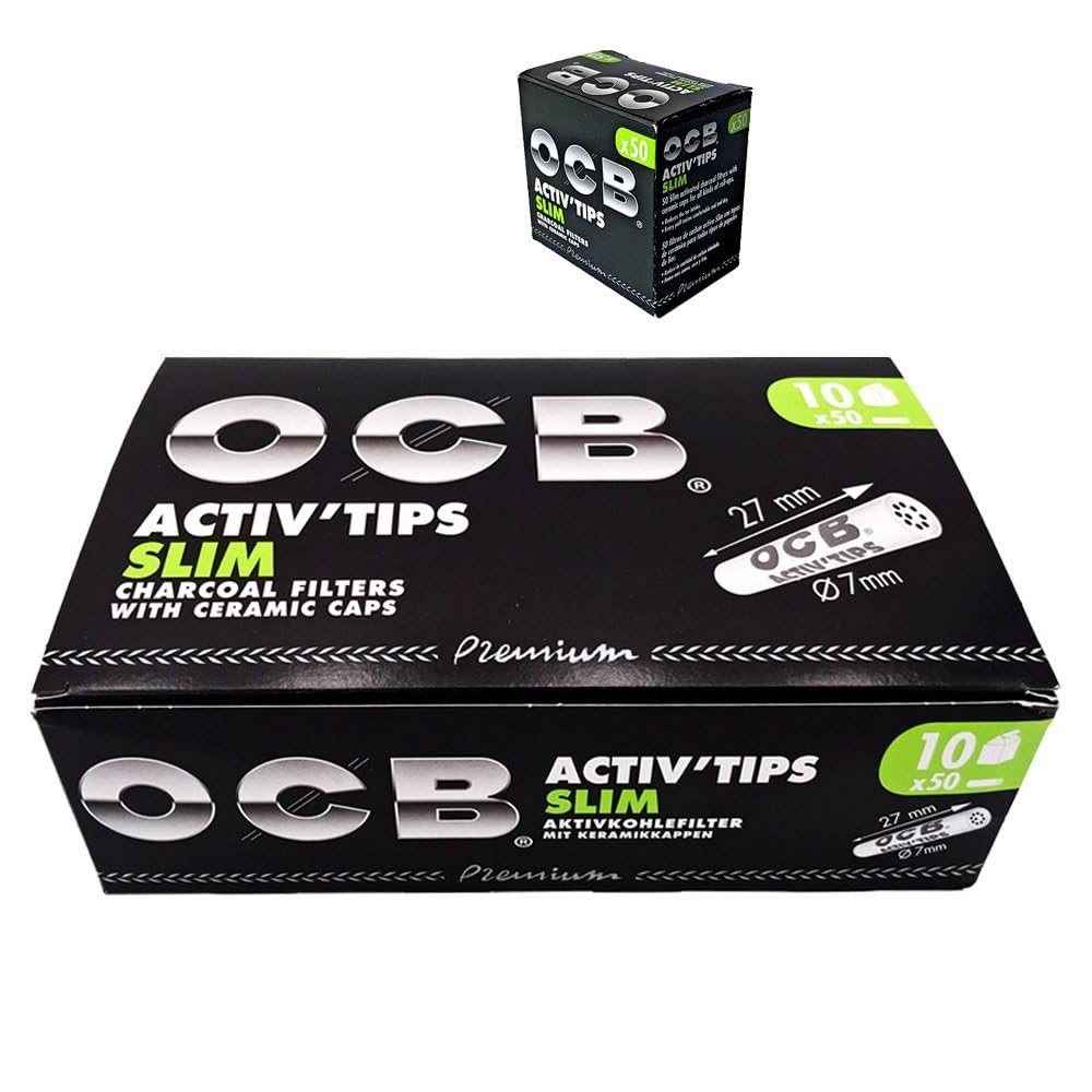OCB 19822 ActivTips Slim - Filtro de carbón activado de 7 mm con tapas de cerámica, papel 10 x 50