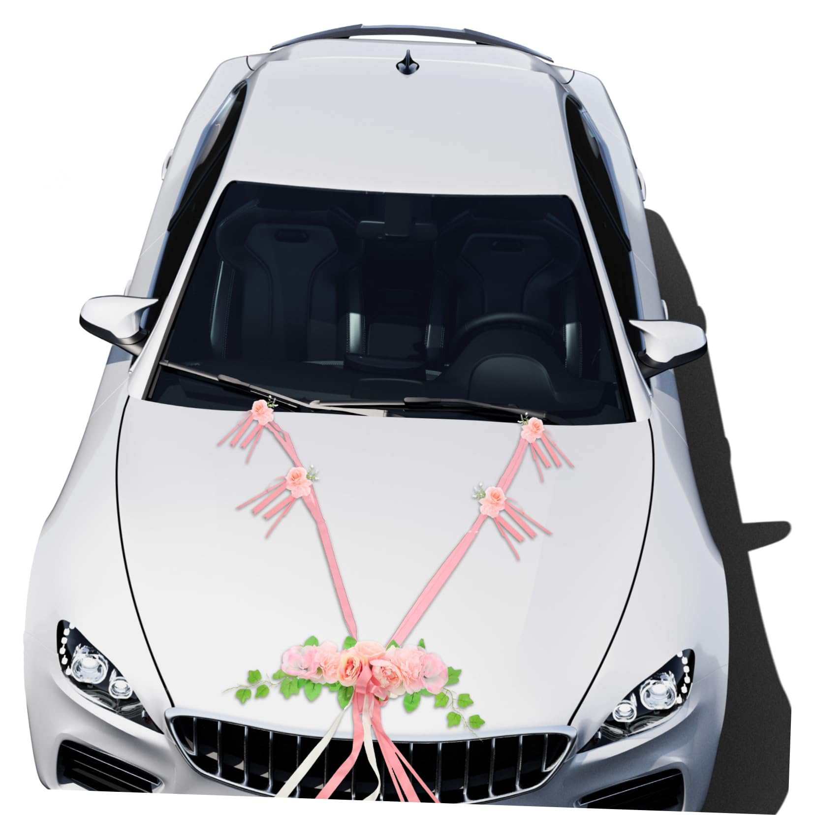 Hochzeitsauto Dekorationsset mit Kunstblumen und Schleifen für Brautwagen und Festfahrzeuge Langlebig und Farbecht Vollständige Hochzeitsauto Deko Lösung