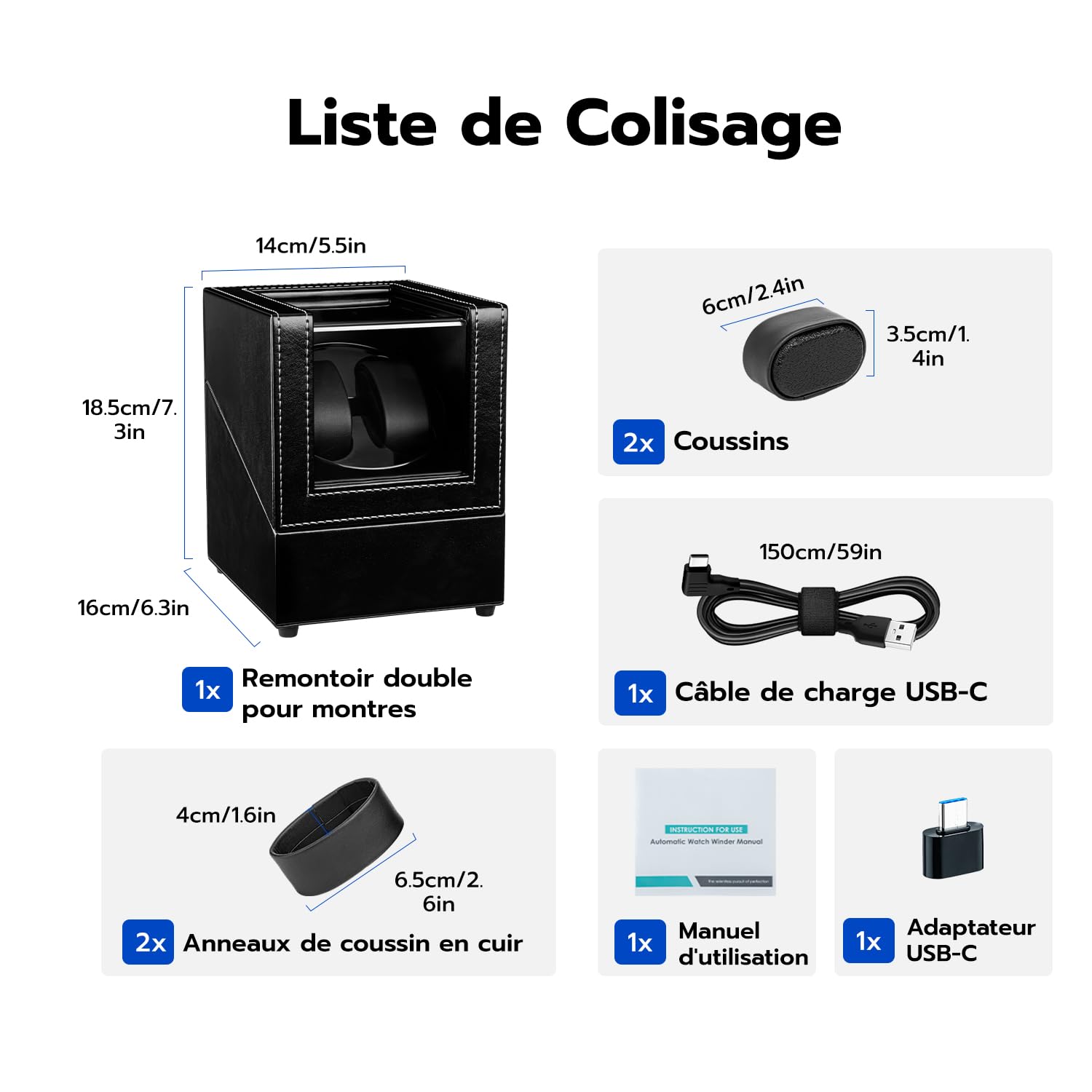 Mcbazel Double Remontoir de Montre, Boîte à Montre à Double Position en Cuir PU, 5 Modes de Rotation Automatique, Boîte de Rangement avec Chargement USB et Lumière LED Bleue – Noire