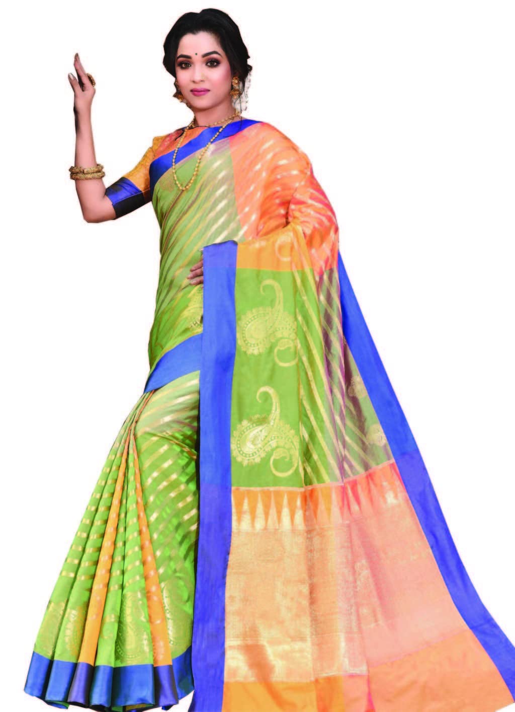 Riwazo Women's Handloom Silk Woven Work Saree with Blouse Piece (SGKGN-2007,Green & Orange)