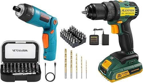 ALEAPOW Paquete de destornilladores eléctricos de 4 V con taladro sin escobillas inalámbrico ALEAPOW D10, kit de taladro de 20 V