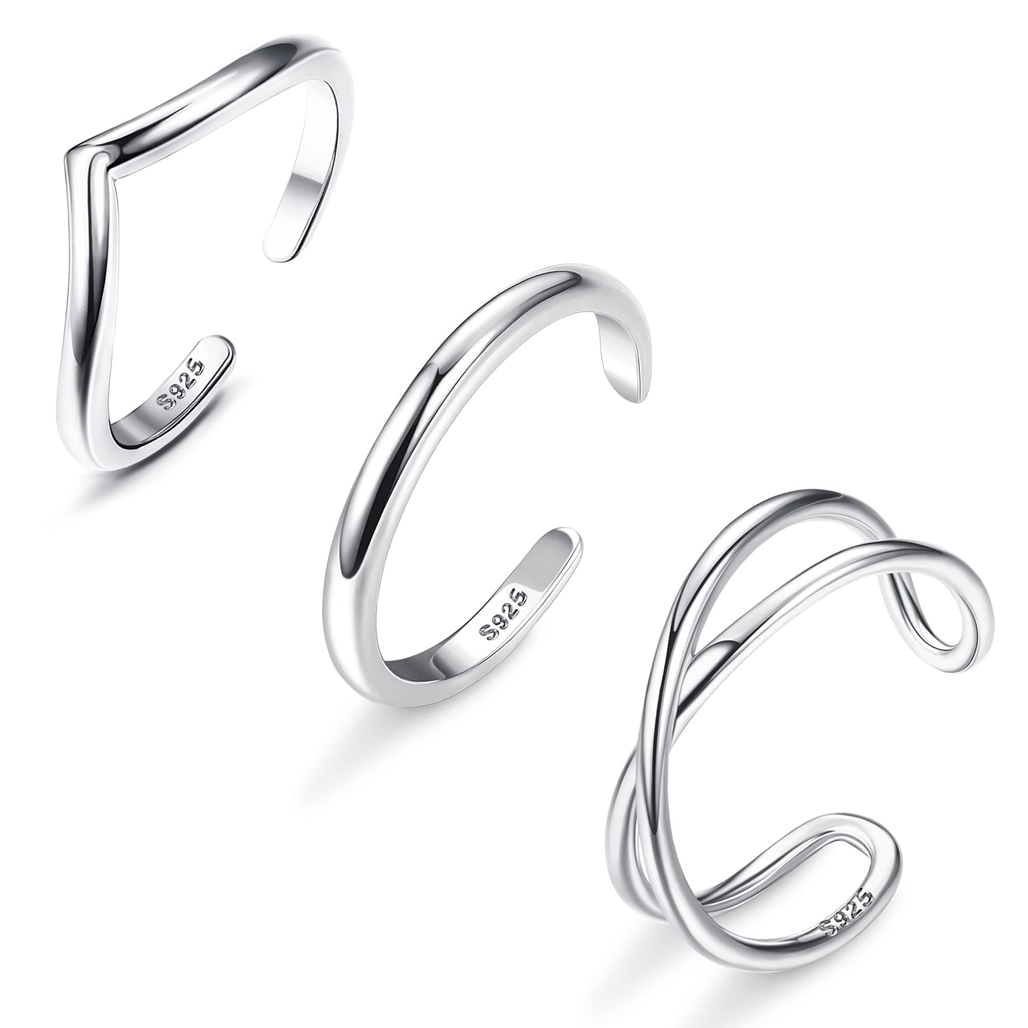 KRFY925 Sterling Silver Toe Rings for Women Adjustable Band Pinky Rings Minimalist Beach Foot Jewelry 3Pcs Open Toe Ring Set
