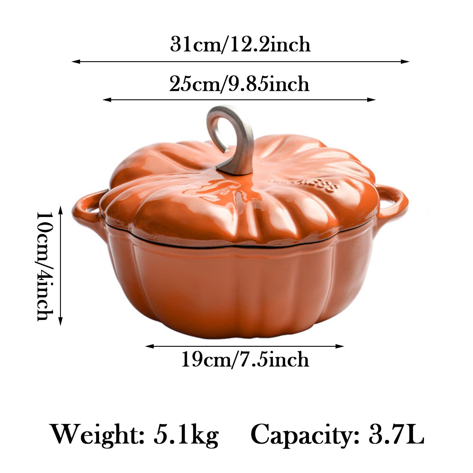 Horno holandés de hierro fundido, cacerola con forma de calabaza con tapa y asas, olla antiadherente para gachas, sopa, guisos, regalos, 3.7 L