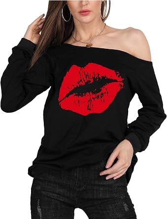 MAGICMK Womans Sweatershirt Lips Print Causal Off The Shoulder Long Sleeve Loose Slouchy Pullover Plus Size Tops