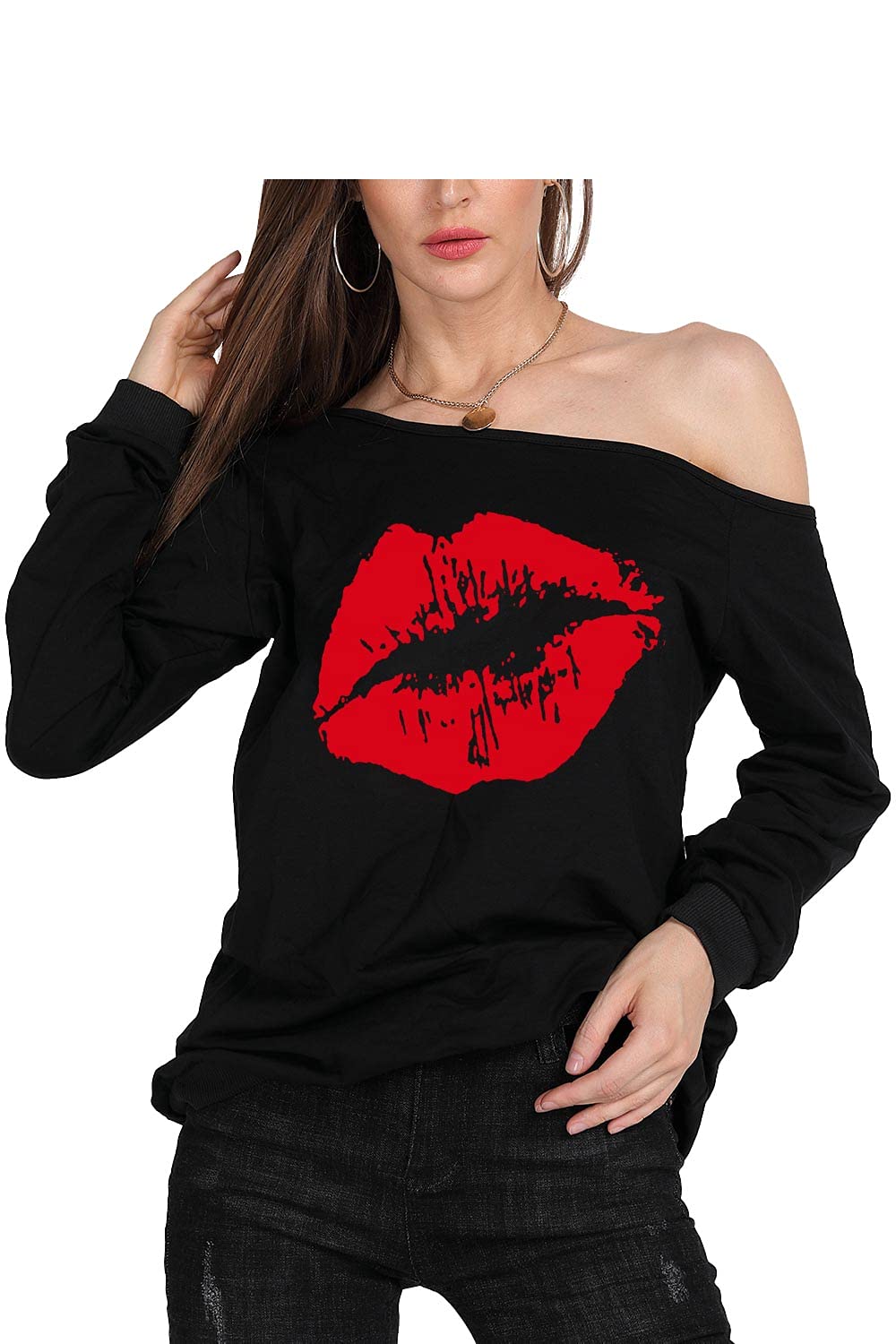 MAGICMK Woman’s Sweatershirt Lips Print Causal Blouse Off The Shoulder Long Sleeve Loose Slouchy Pullover Plus Size Tops