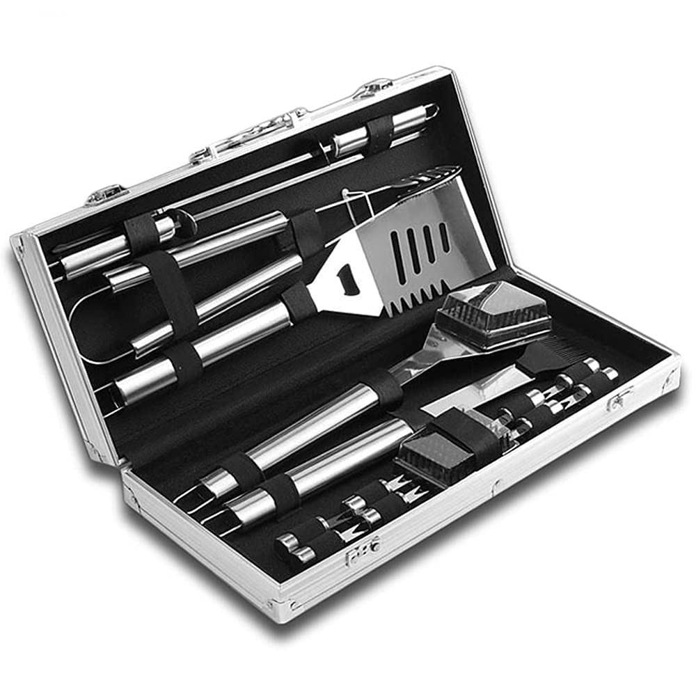 15-częściowy zestaw narzędzi do grilla dla mężczyzn tata, zestaw ciężkich naczyń do grilla ze stali nierdzewnej, maty w aluminiowej obudowie do podróży, na podwórko na zewnątrz kempingu - najlepszy pr