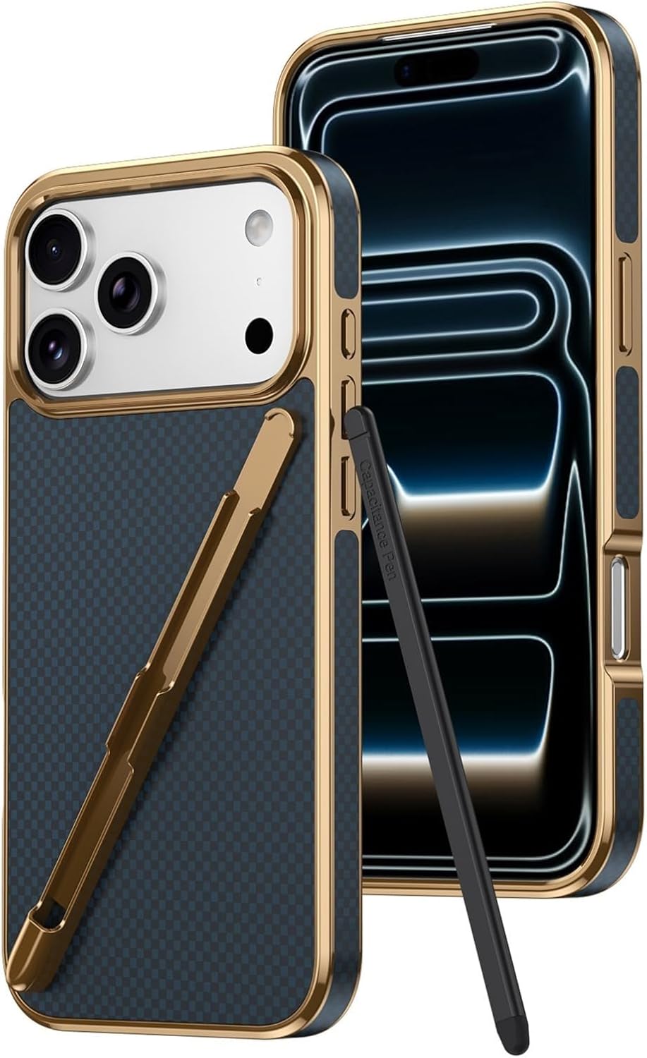 Minimalist Carbon Fiber Texture Case for iPhone 17/17 Air/17 Pro Max, with Pen & Pen Slot, Shockproof Protection PC Cover(Green,17 Pro)