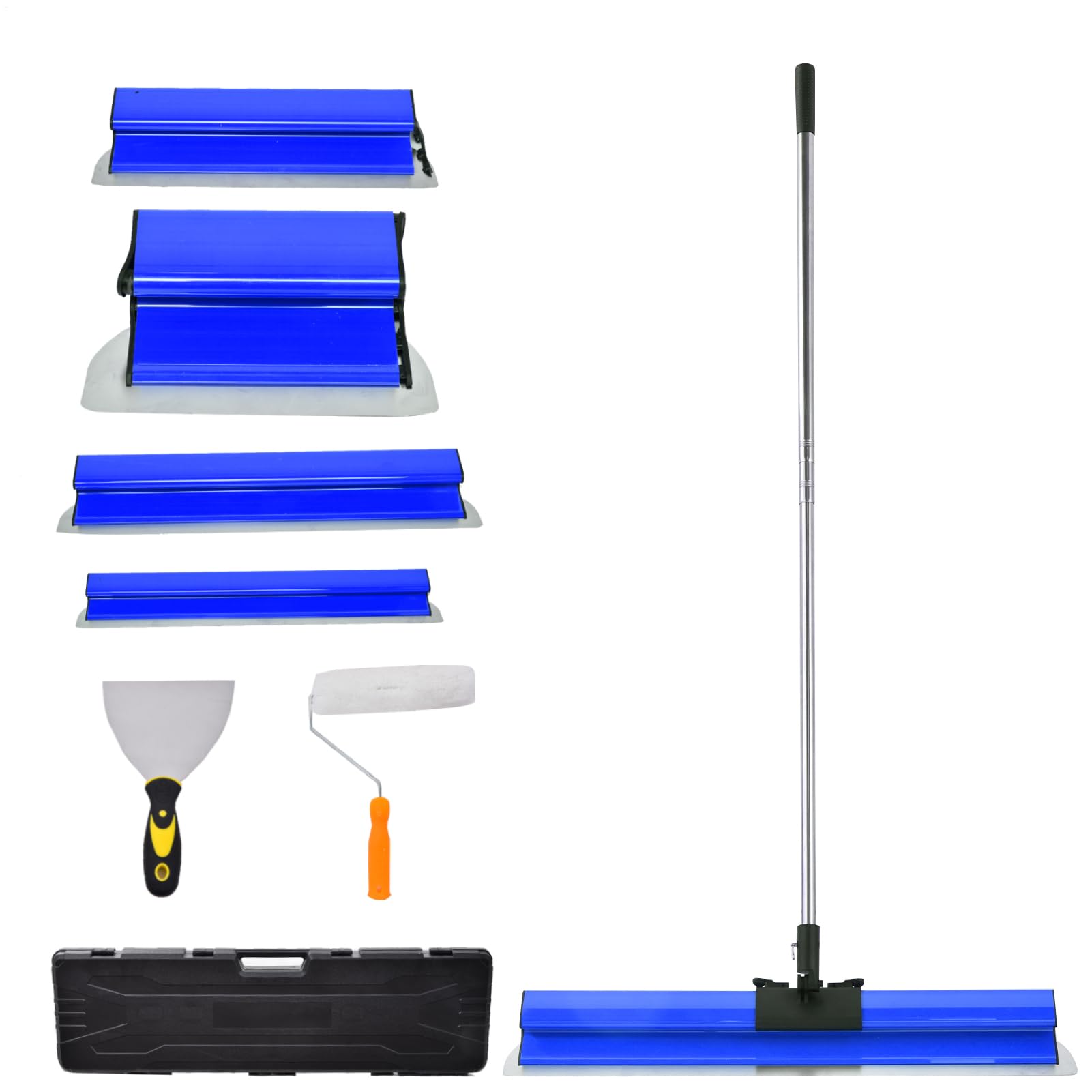 Juego de espátulas profesionales de acero inoxidable - 85-274 cm, mango ajustable, en estuche (15, 35, 55, 75 y 95 cm), cuchilla y rodillo, para enlucir paredes y techos (azul)