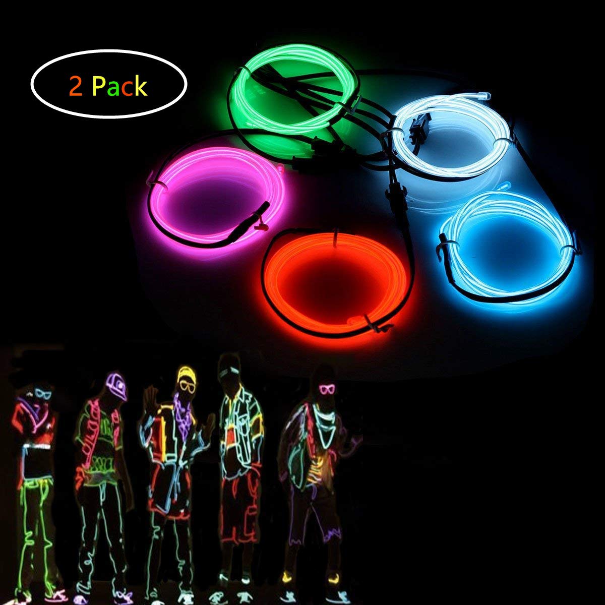 Alambre electroluminiscente (EL Wire) Splitter Kit,2set 5x1M Resplandeciente efecto estroboscópico luz paquete de baterías para fiestas Neon Lights,decoración de Halloween Navidad