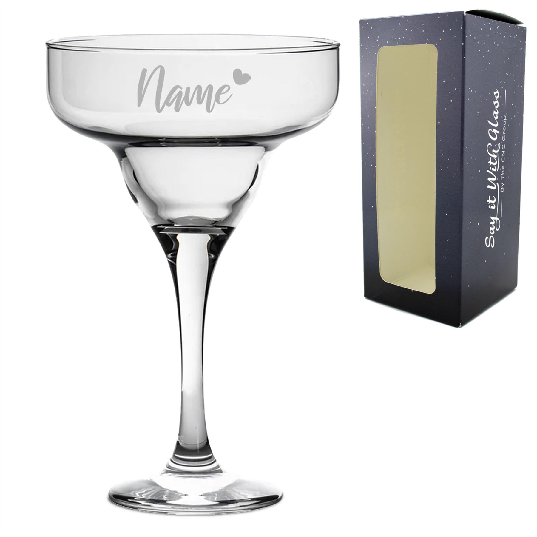 Personalised Engraved 295ml Margarita Cocktail Glass with Name with Heart Design, Personalise with Any Name for Any Occasion, Gift Box Included, Laser Engraved