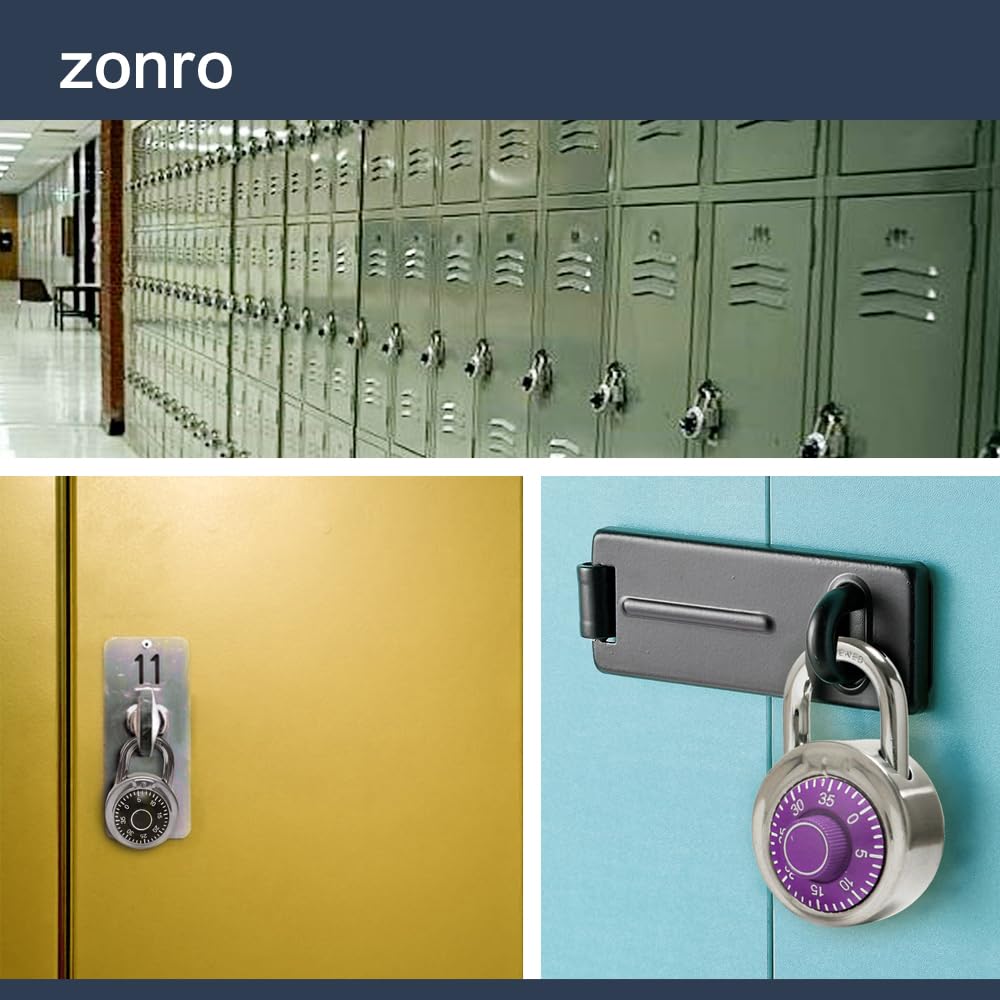 ZonRo Standard-Zahlenschloss, 5,1 cm breit, 3-stelliger Code, lila, Drehplatte, 24 Stück mit verschiedenen Kombinationen, Schloss für Schule, Mitarbeiter, Koffer, Werkzeugkasten, Fitnessstudio