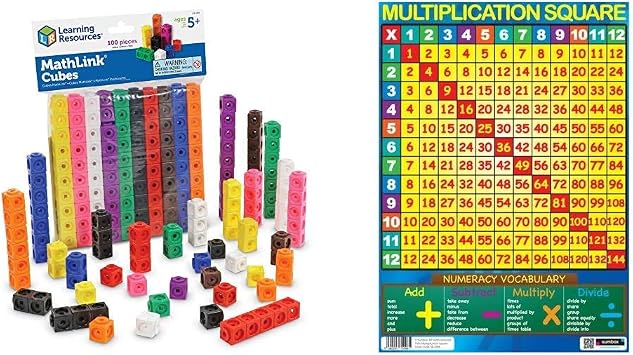 Learning Resources Mathlink Cubes Set of 100 & Sumbox Multiplication Square Educational Times Tables Maths Poster