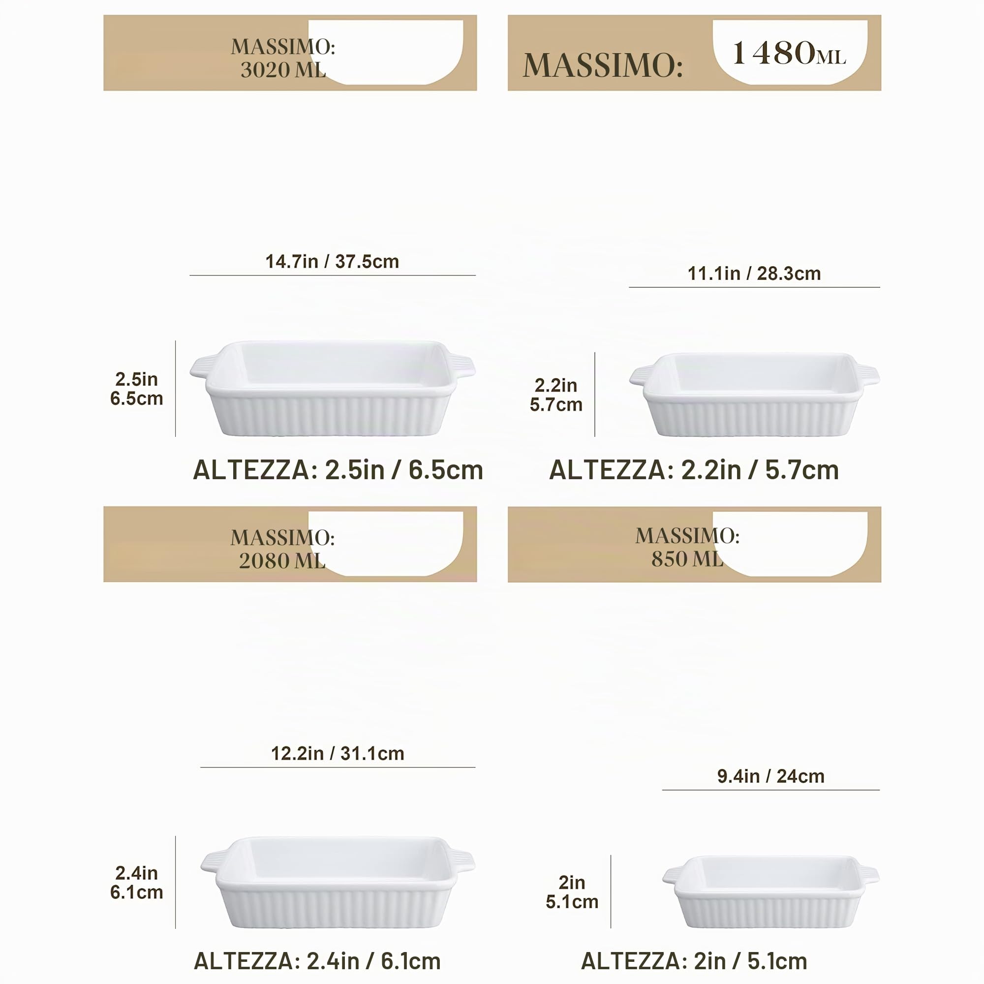 MALACASA Serie BAKE, Pirofile da Forno Rettangolari per Lasagne, Set di 4 Teglie da Forno in Ceramica 3020, 2080, 1480, 850 ml, Pirofila Ceramica Grande Antiaderenti Bianca