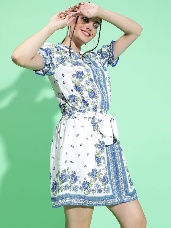 Image of oxolloxo Women Scarf Floral Print with Elasticated Waist Tie-Knot Belt Detail Dress with Short Sleeve