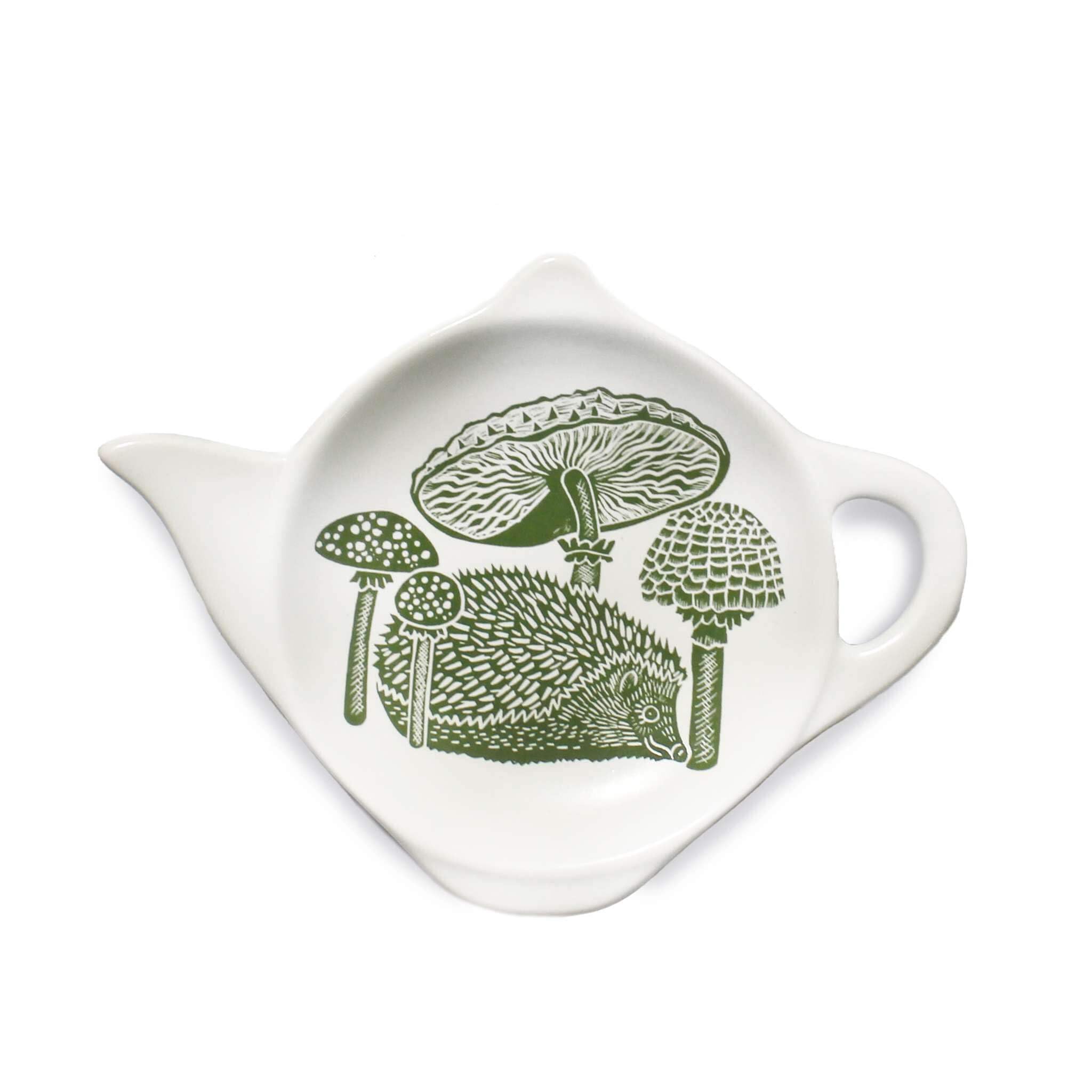 Half Moon Bay Hedgehog Woodland Walk - by Kate Heiss - Sage Green/White 4.7 x 3.5 Inch Ceramic Stoneware Tea Bag Coaster